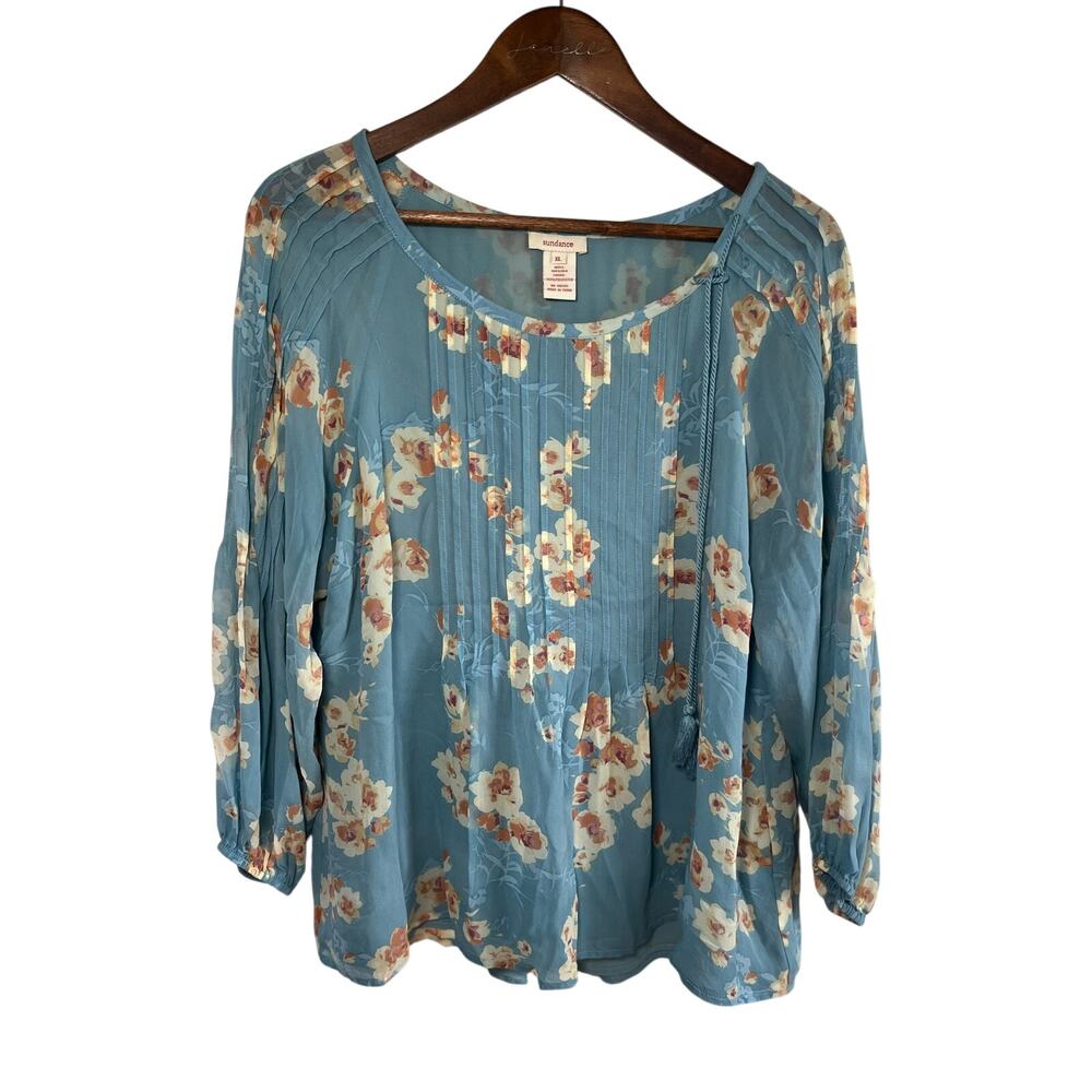 Sundance Floral Silk Blouse Boho Flowy Western Dusty Blue Cottage Ethereal Fairy
